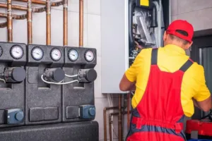 An HVAC specialist is working on a new unit installation for a client.