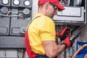 An HVAC expert tests the diagnostics of a new system installation.