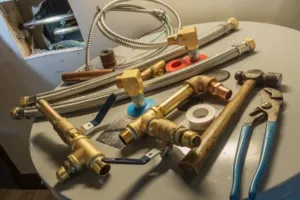 An HVAC expert lays out parts for a heater tune up in the works.