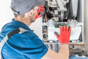 An AC specialist adjusting a component on a ductless mini split system.