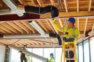 An HVAC installation specialist is installing some ducting for a customer.