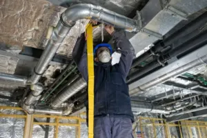 An HVAC installation expert installing some ducting in a new build.