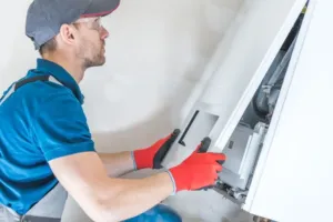 An HVAC professional replaces the cover panel on a new unit installation. 
