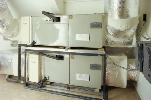 A wide shot of a commercial HVAC system installed on the ground floor.